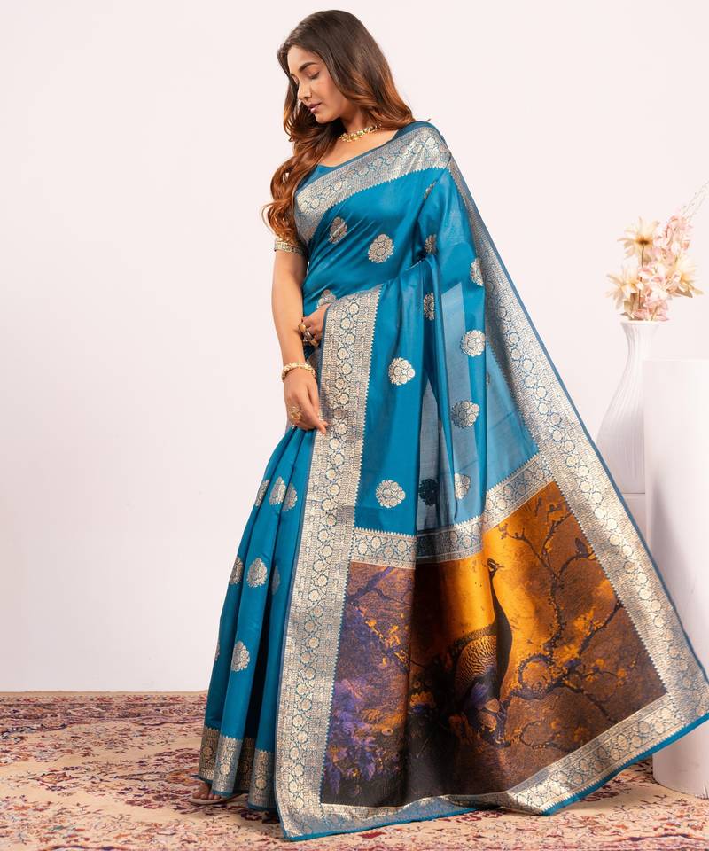 Blue solid silk blend saree with blouse