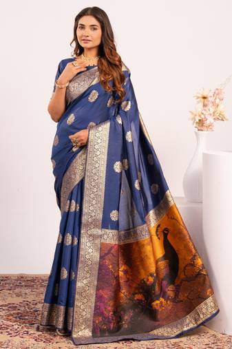 Navy blue solid silk blend saree with blouse