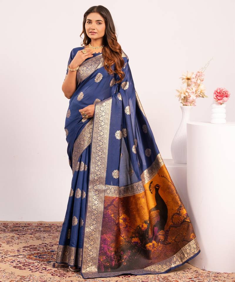 Navy blue solid silk blend saree with blouse
