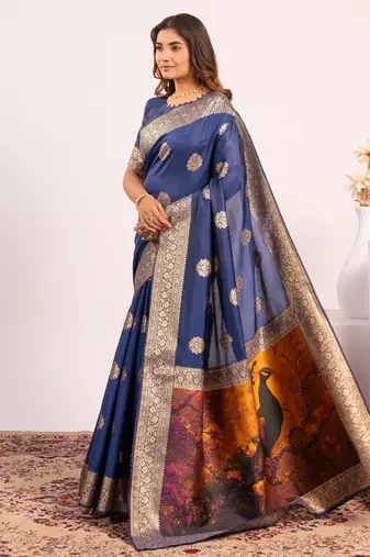 Navy blue solid silk blend saree with blouse