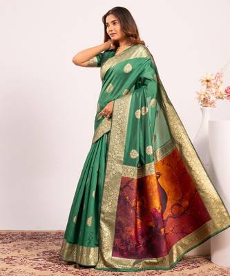 Parrot green solid silk blend saree with blouse 2