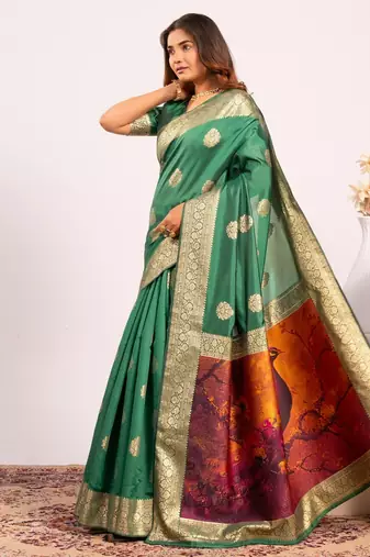 Parrot green solid silk blend saree with blouse