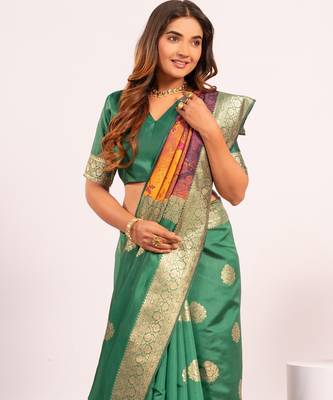 Parrot green solid silk blend saree with blouse 3
