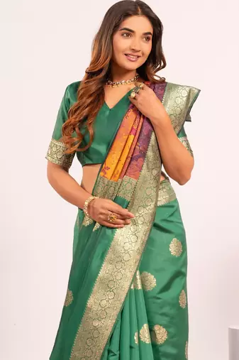 Parrot green solid silk blend saree with blouse