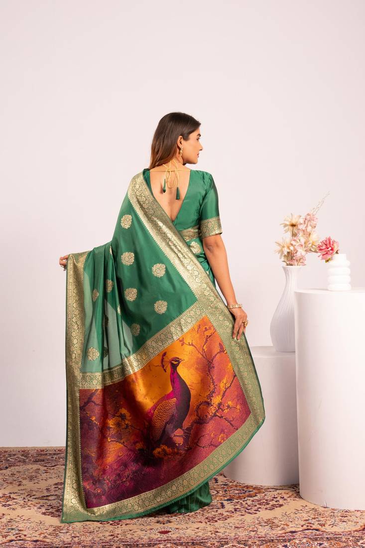 Parrot green solid silk blend saree with blouse