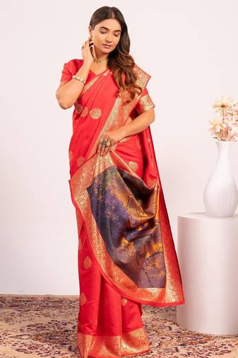 Red solid silk blend saree with blouse