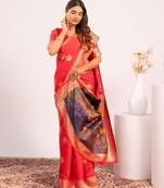 Red solid silk blend saree with blouse