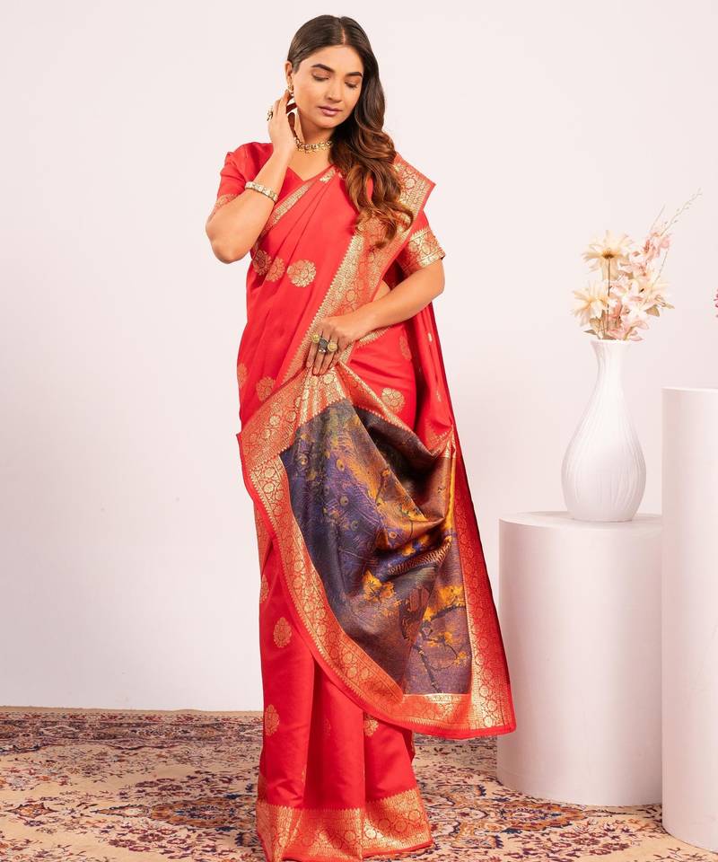 Red solid silk blend saree with blouse