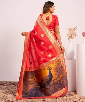 Red solid silk blend saree with blouse 2