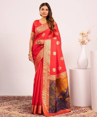 Red solid silk blend saree with blouse 3