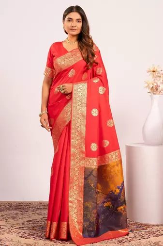 Red solid silk blend saree with blouse