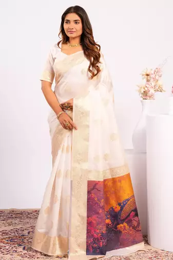White solid silk blend saree with blouse