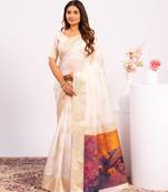 White solid silk blend saree with blouse