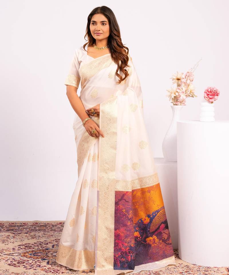 White solid silk blend saree with blouse