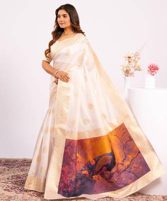 White solid silk blend saree with blouse 2