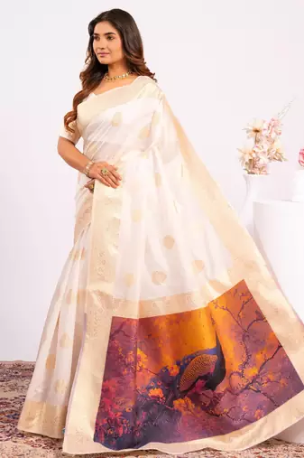 White solid silk blend saree with blouse