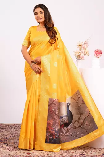 Yellow solid silk blend saree with blouse