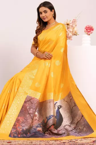 Yellow solid silk blend saree with blouse
