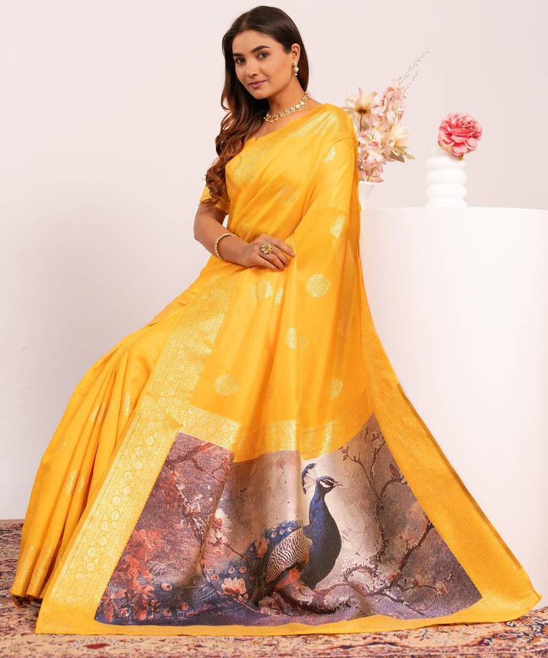 Yellow solid silk blend saree with blouse