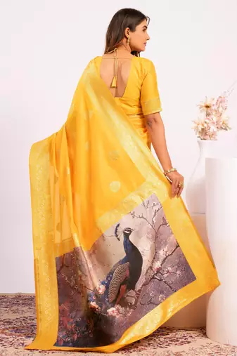 Yellow solid silk blend saree with blouse