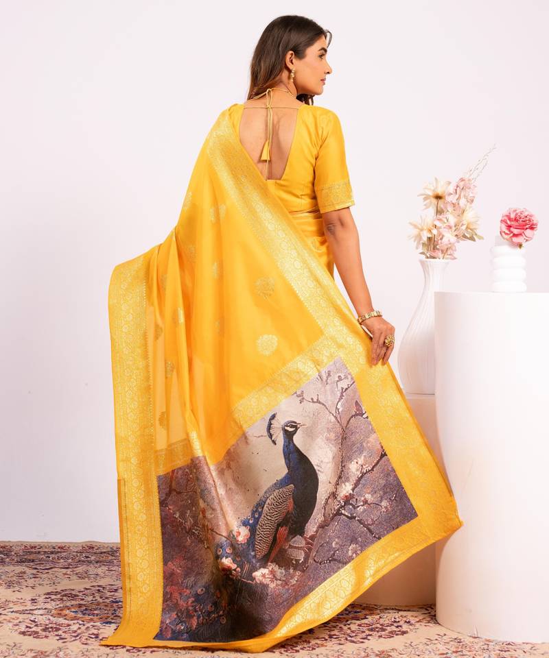 Yellow solid silk blend saree with blouse