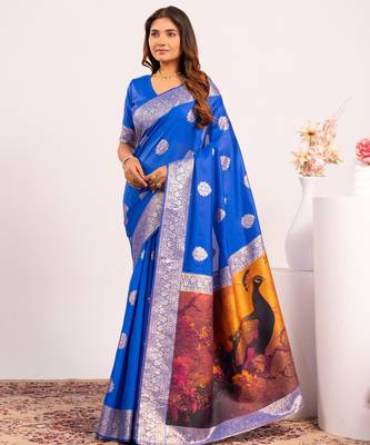 Royal blue solid silk blend saree with blouse 1