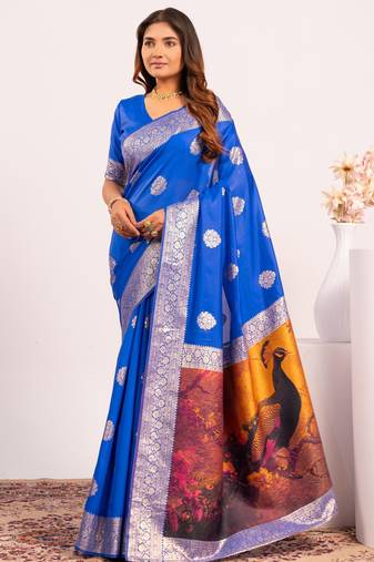 Royal blue solid silk blend saree with blouse