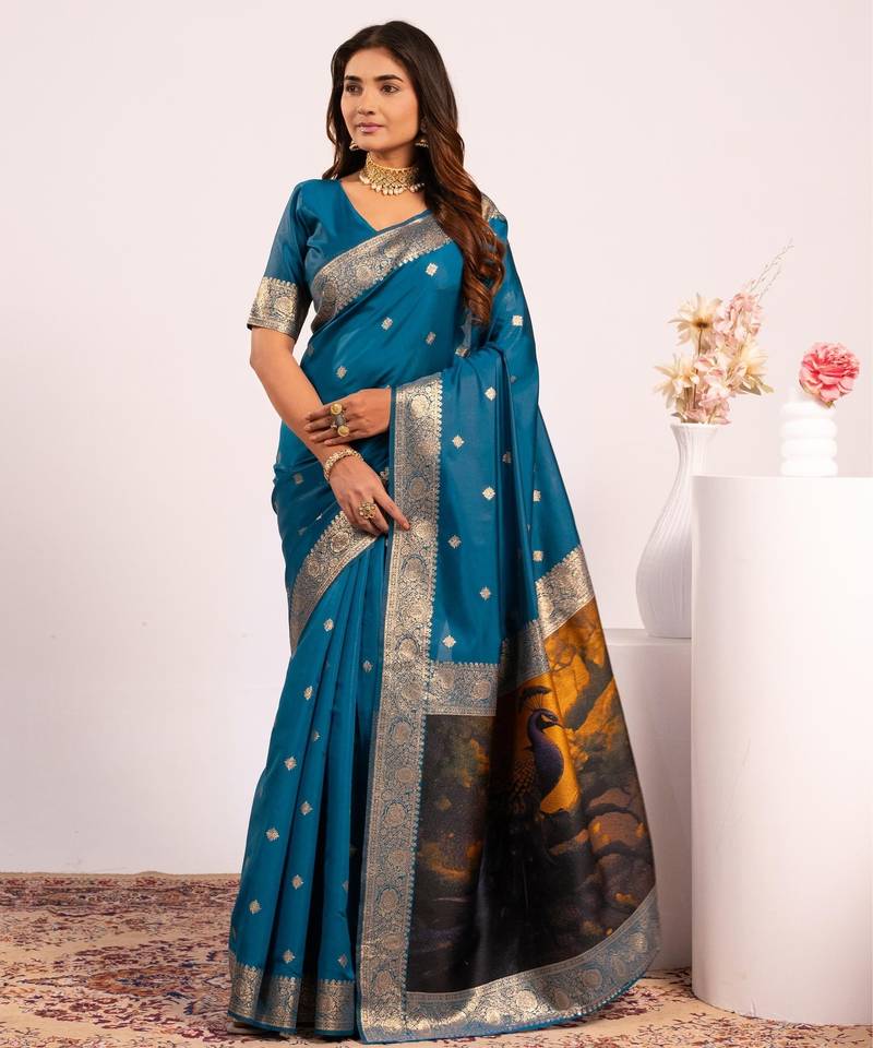 Blue solid silk blend saree with blouse