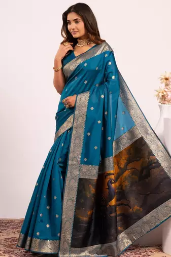 Blue solid silk blend saree with blouse