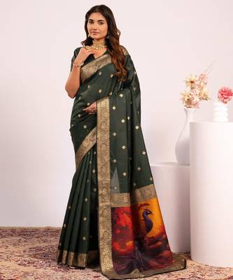 Green solid silk blend saree with blouse 1