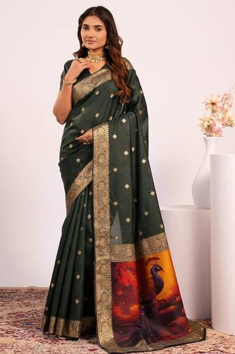 Green solid silk blend saree with blouse
