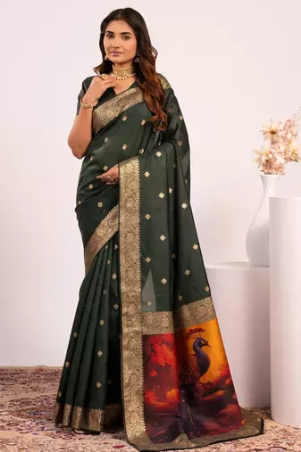 Green solid silk blend saree with blouse