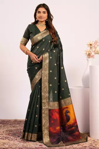 Green solid silk blend saree with blouse
