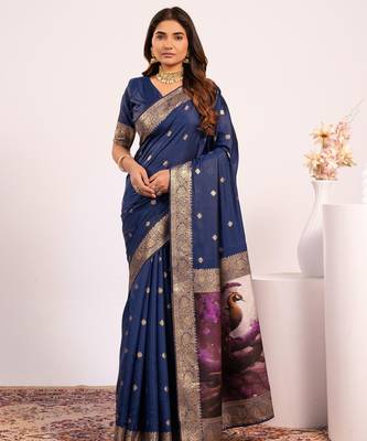 Navy blue solid silk blend saree with blouse 1
