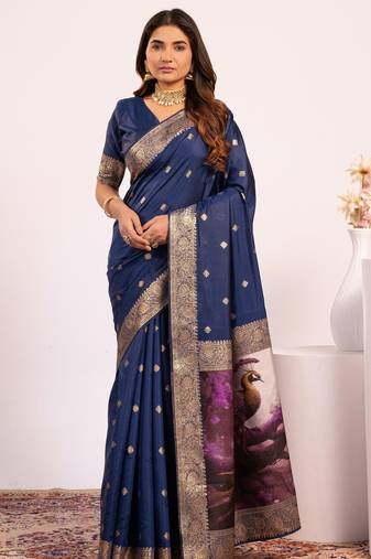 Navy blue solid silk blend saree with blouse