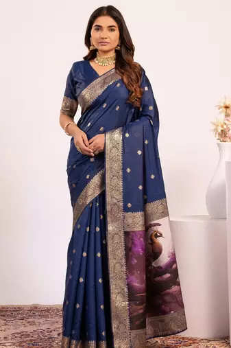 Navy blue solid silk blend saree with blouse