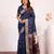 Navy blue solid silk blend saree with blouse