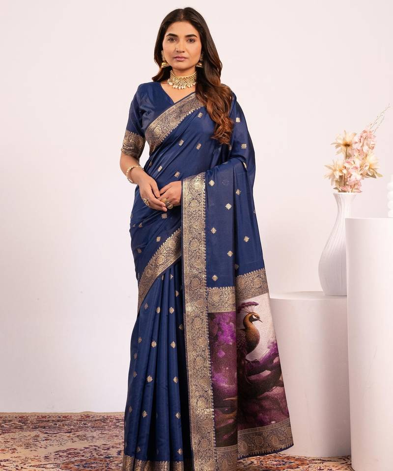 Navy blue solid silk blend saree with blouse