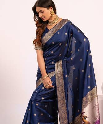 Navy blue solid silk blend saree with blouse 3