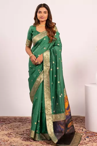 Parrot green solid silk blend saree with blouse
