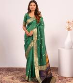 Parrot green solid silk blend saree with blouse