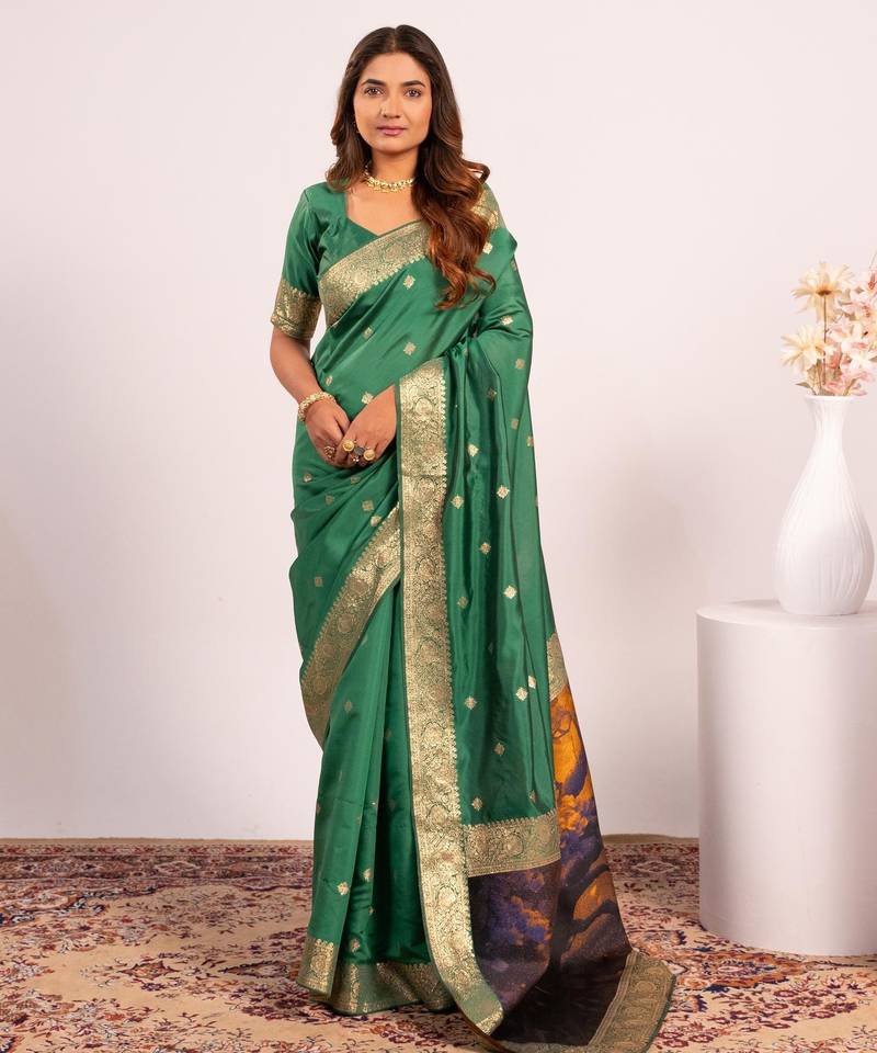Parrot green solid silk blend saree with blouse