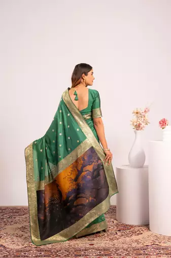 Parrot green solid silk blend saree with blouse