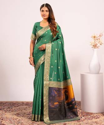 Parrot green solid silk blend saree with blouse 3