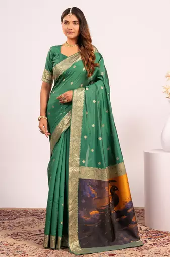 Parrot green solid silk blend saree with blouse