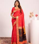 Red solid silk blend saree with blouse
