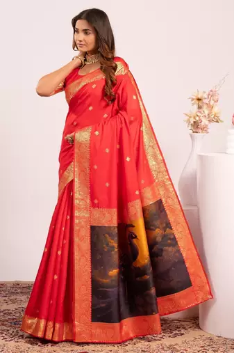 Red solid silk blend saree with blouse