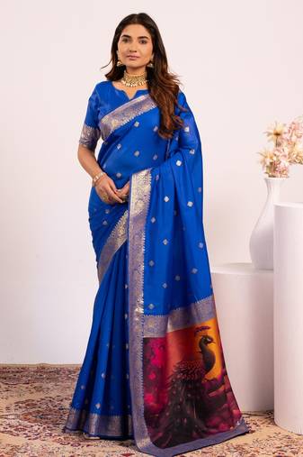 Royal blue solid silk blend saree with blouse