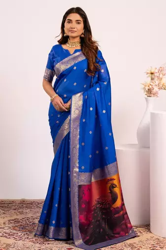 Royal blue solid silk blend saree with blouse