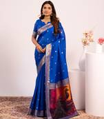 Royal blue solid silk blend saree with blouse